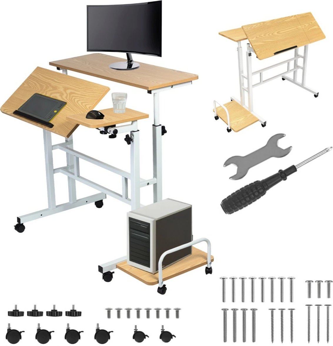 Tavolinë lëvizëse me rregullim lartësie, Maclean MC-124 W, 67–115 cm, 80x60 cm, 50 kg, e bardhë/dru