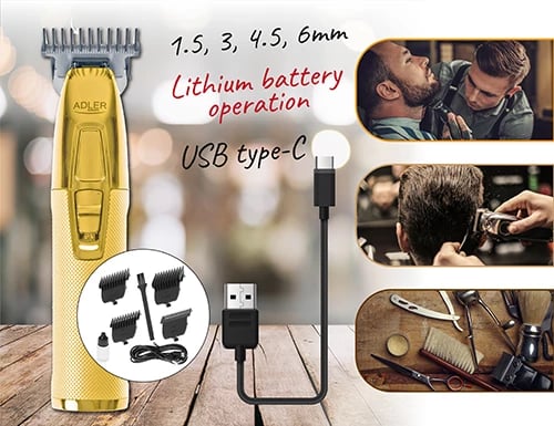 Trimer, Adler, AD 2836g, bateri 1400 mAh, karikim USB-C, teh qeramik 0.9 mm, ari, set me 4 krehra