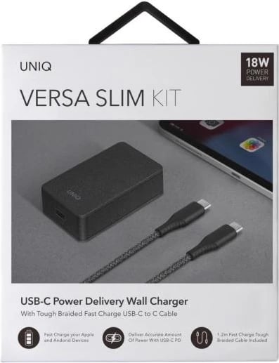 Karikues muri UNIQ Versa Slim LITHOS Collective me USB-C PD 18W dhe kabllo USB-C/USB-C 1.2m, Zi