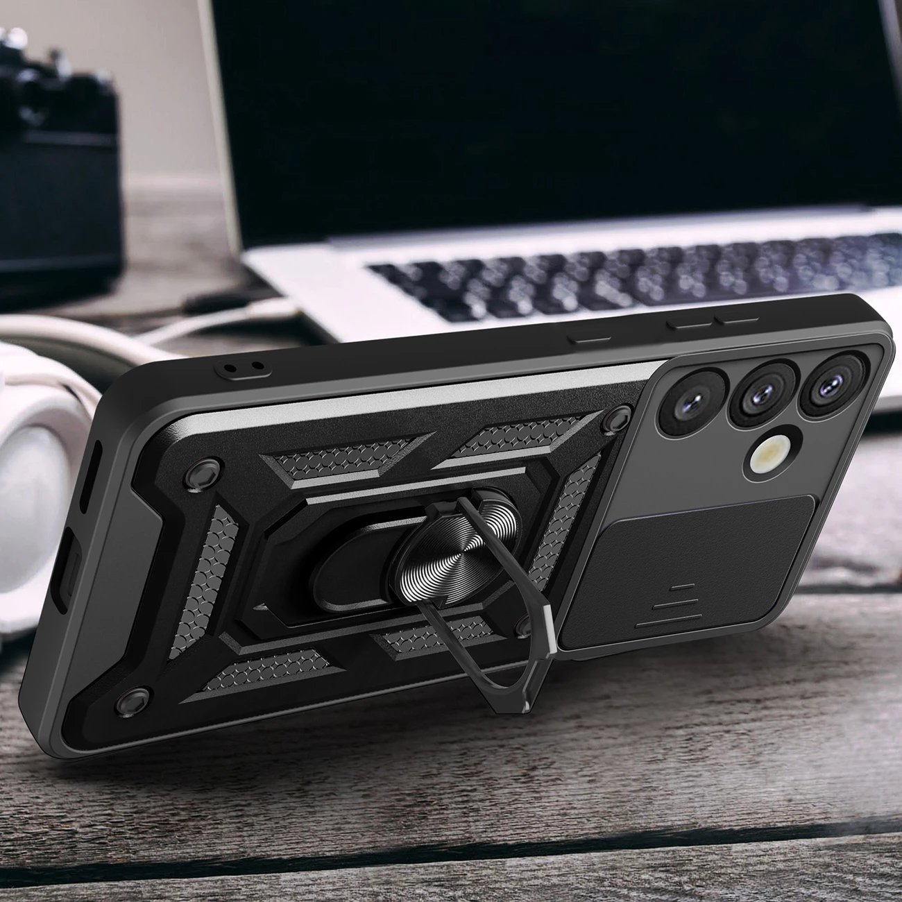 Mbështjellës Hurtel Hybrid Armor Camshield me kapak kamere dhe unazë metalike për Samsung Galaxy S25+, Zi