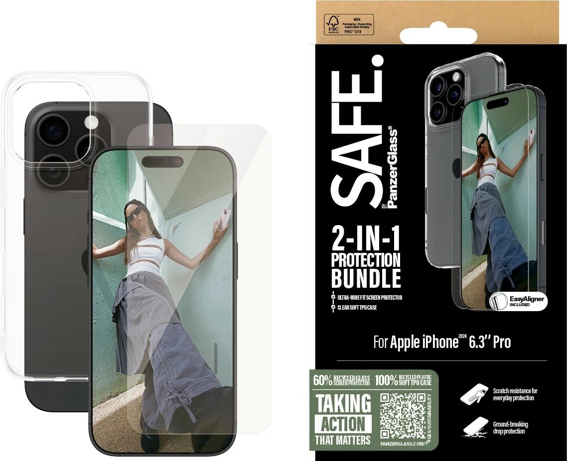 Mbështjellës PanzerGlass SAFE 2-in-1 për iPhone 16 Pro, transparent