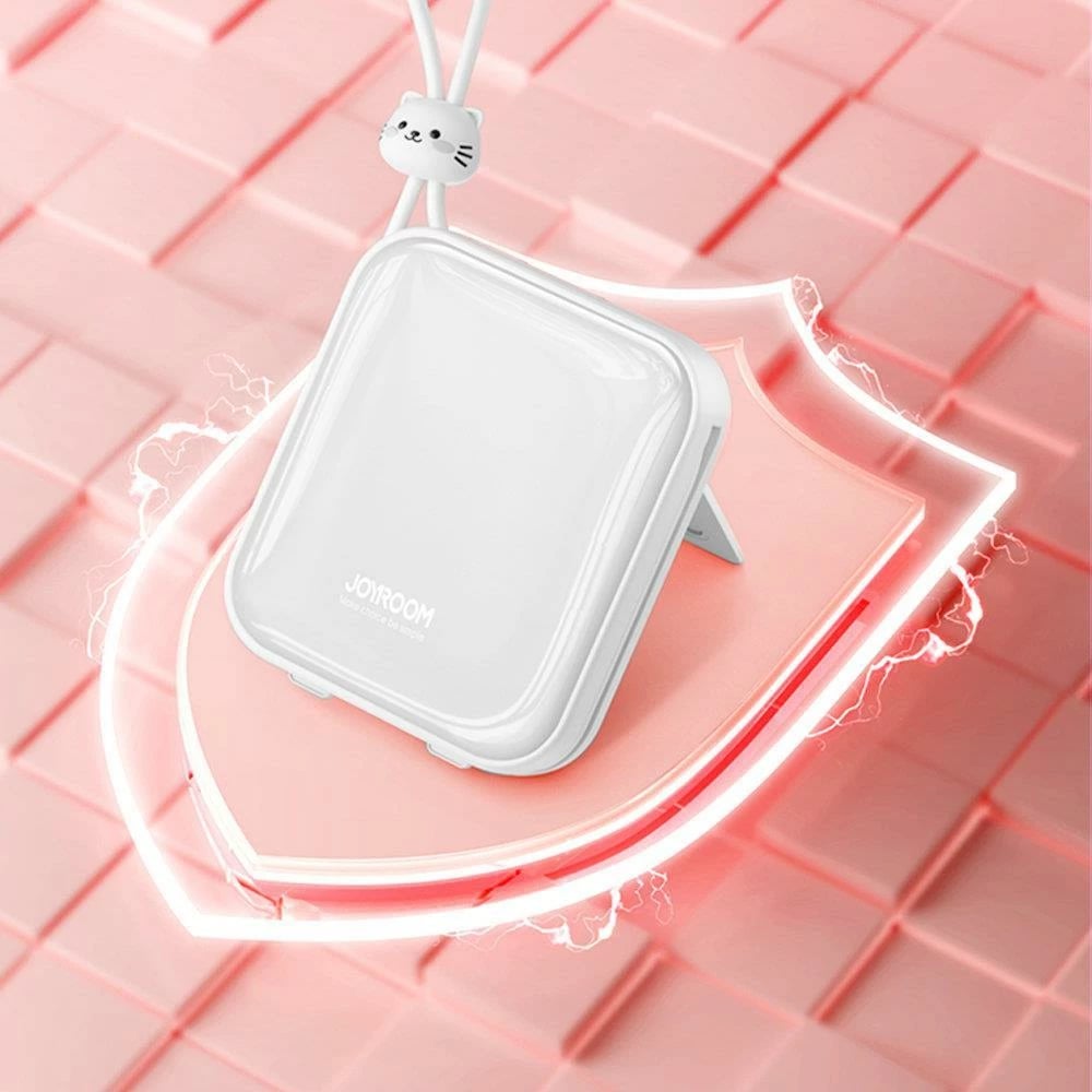 Powerbank Joyroom Cutie Series JR-L008, 10000mAh, 22.5W, me kabllo USB-C dhe Lightning, me stand, Bardhë