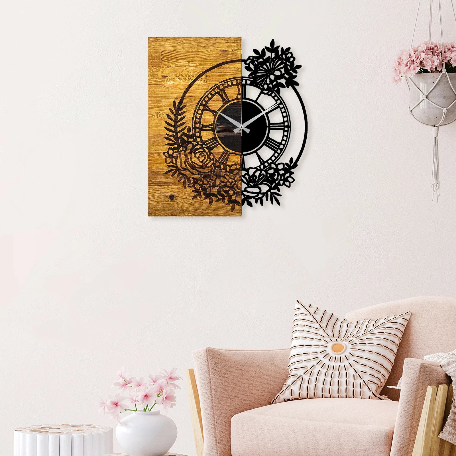 Orë muri dekorative prej druri, Wallity, ngjyrë arre dhe e zezë, 58x3x51cm