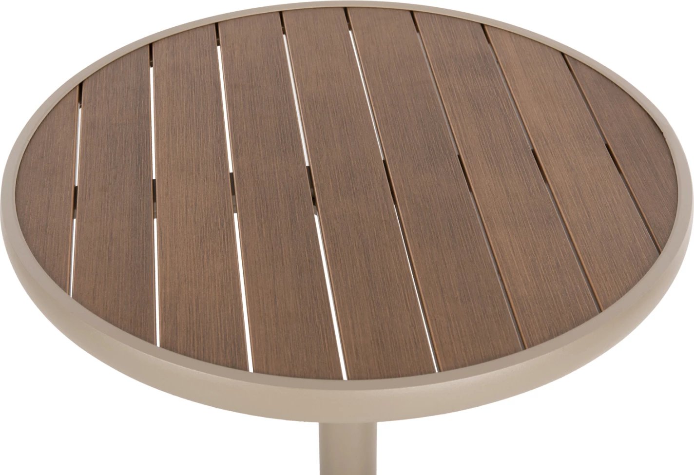 Tavolinë e rrumbullakët alumini ALEXA FH6086.04, ngjyrë shampanjë, sipërfaqe tavoline polivudi, ngjyrë natyrale, Φ60x73H cm