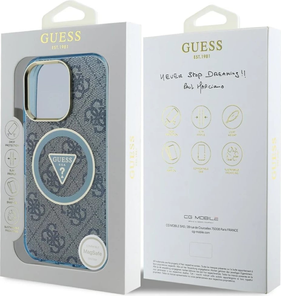 Mbështjellës Guess IML Metal Glitter 4G Circle Triangle MagSafe për iPhone 16 Pro Max, Blu