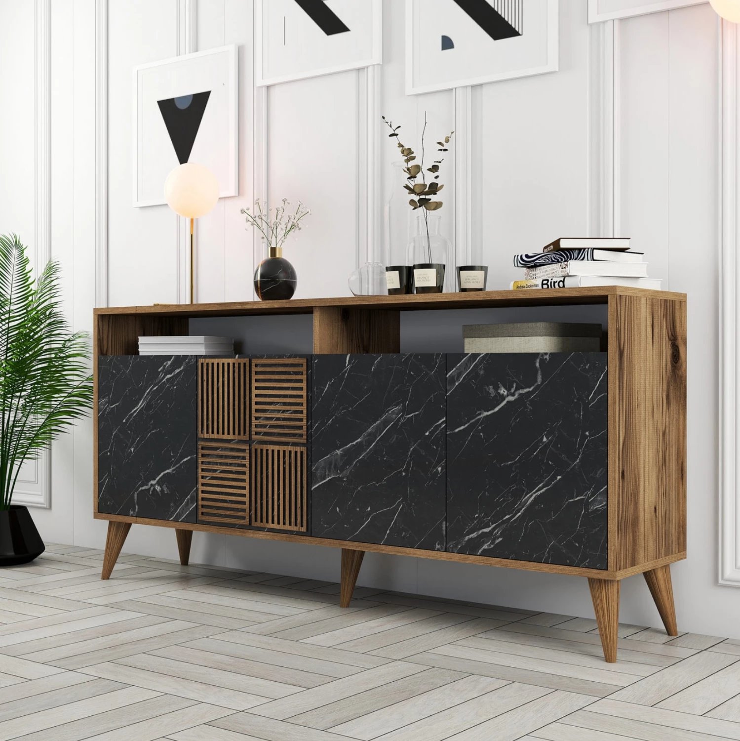 Bufe melamine FH9506.02, ngjyrë arre me dyer pamje mermeri të zi, 160x35x78H cm