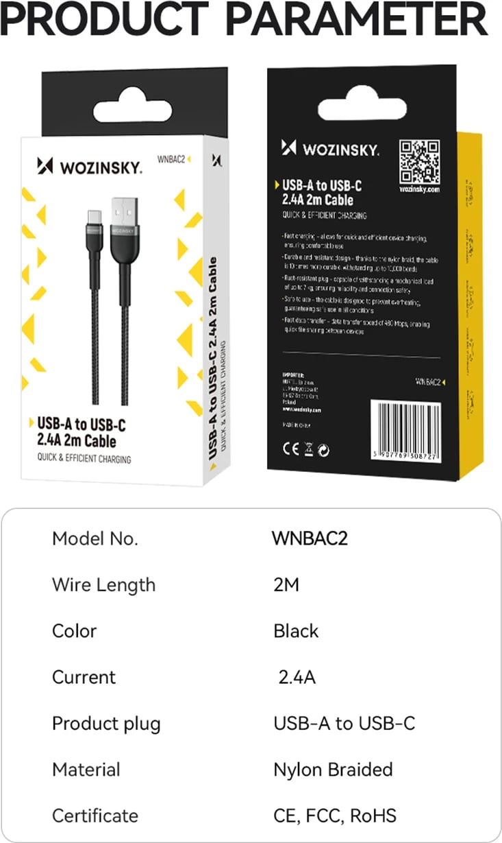 Kabllo USB Wozinsky WNBAC1, USB-A në USB-C, 1m, 2.4A, najlon, e zezë