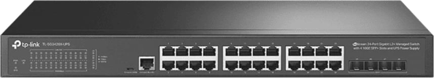 Switch TP-LINK TL-SG3428X-UPS 24x Gigabit + 4x 10G SFP+ i menaxhueshëm, i zi