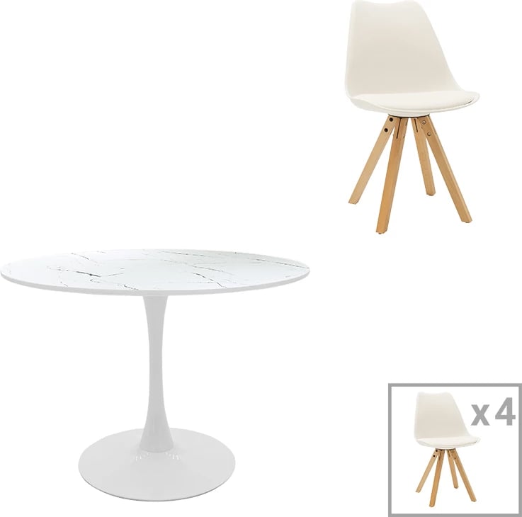 Tavolinë me karrige Balou-Caron, set 5 copë, ngjyrë mermeri të bardhë-natyrale, D100x73cm