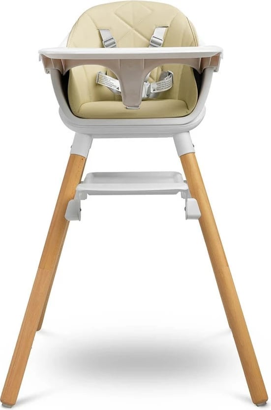 Karrige e lartë për fëmijë, CARETERO Bravo, multifunksionale me tabaka dhe mbështetëse këmbësh, këmbë druri, rrip 5-pikësh, bezhë