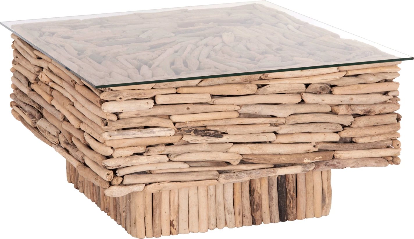 Tavolinë kafeje katrore SPARROW, dru natyral, xham, 95x95x51.5cm