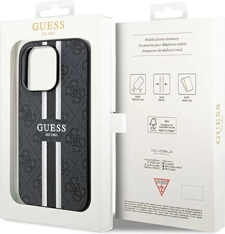 Mbështjellës Guess 4G Printed Stripes MagSafe për iPhone 15 Pro Max, i zi