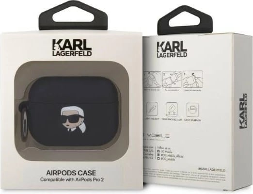 Mbështjellës Karl Lagerfeld për AirPods Pro 2, silikon, i zi, me unazë