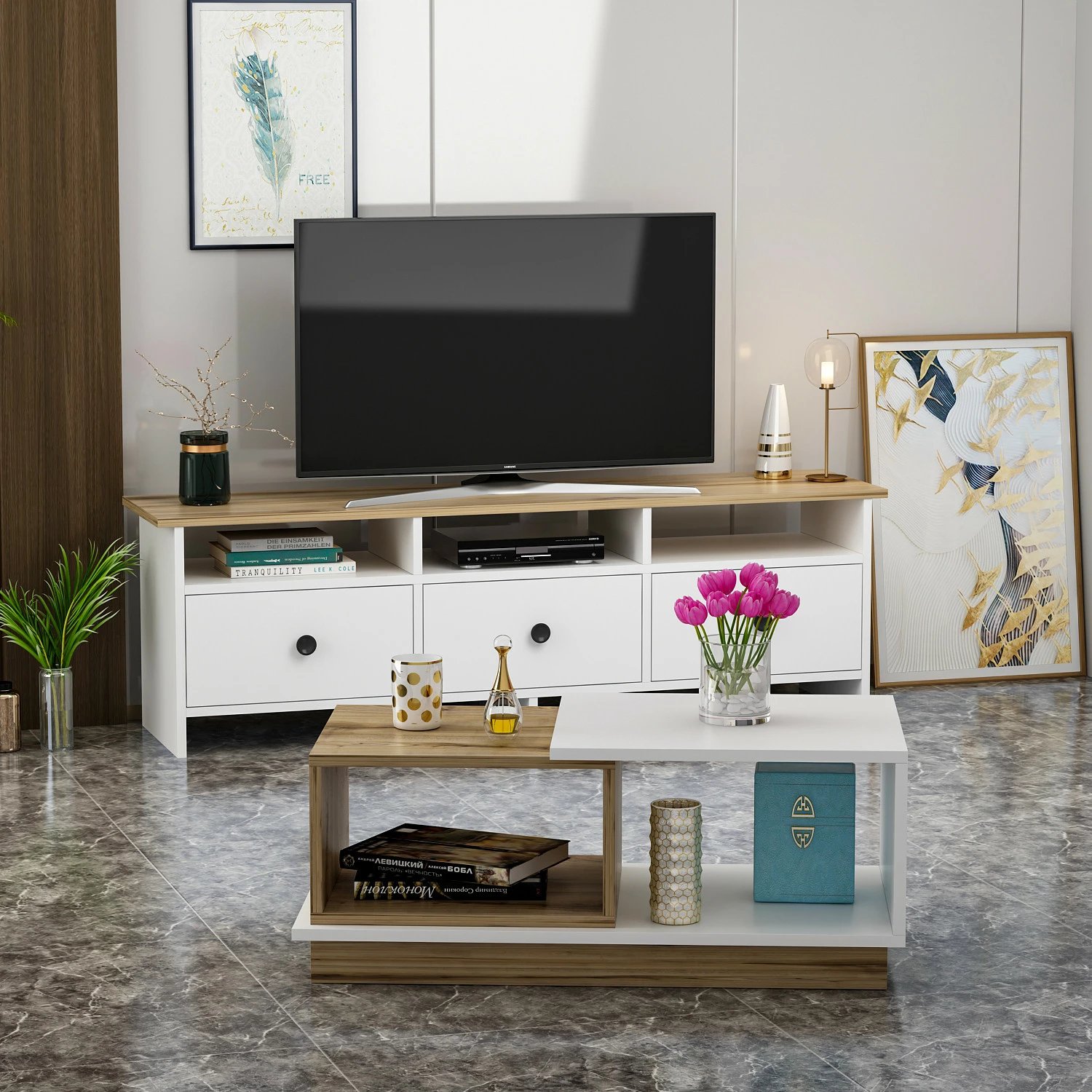 Set mobiljesh për dhomë dite, Skye Decor, Oslo, ngjyrë e bardhë dhe lis