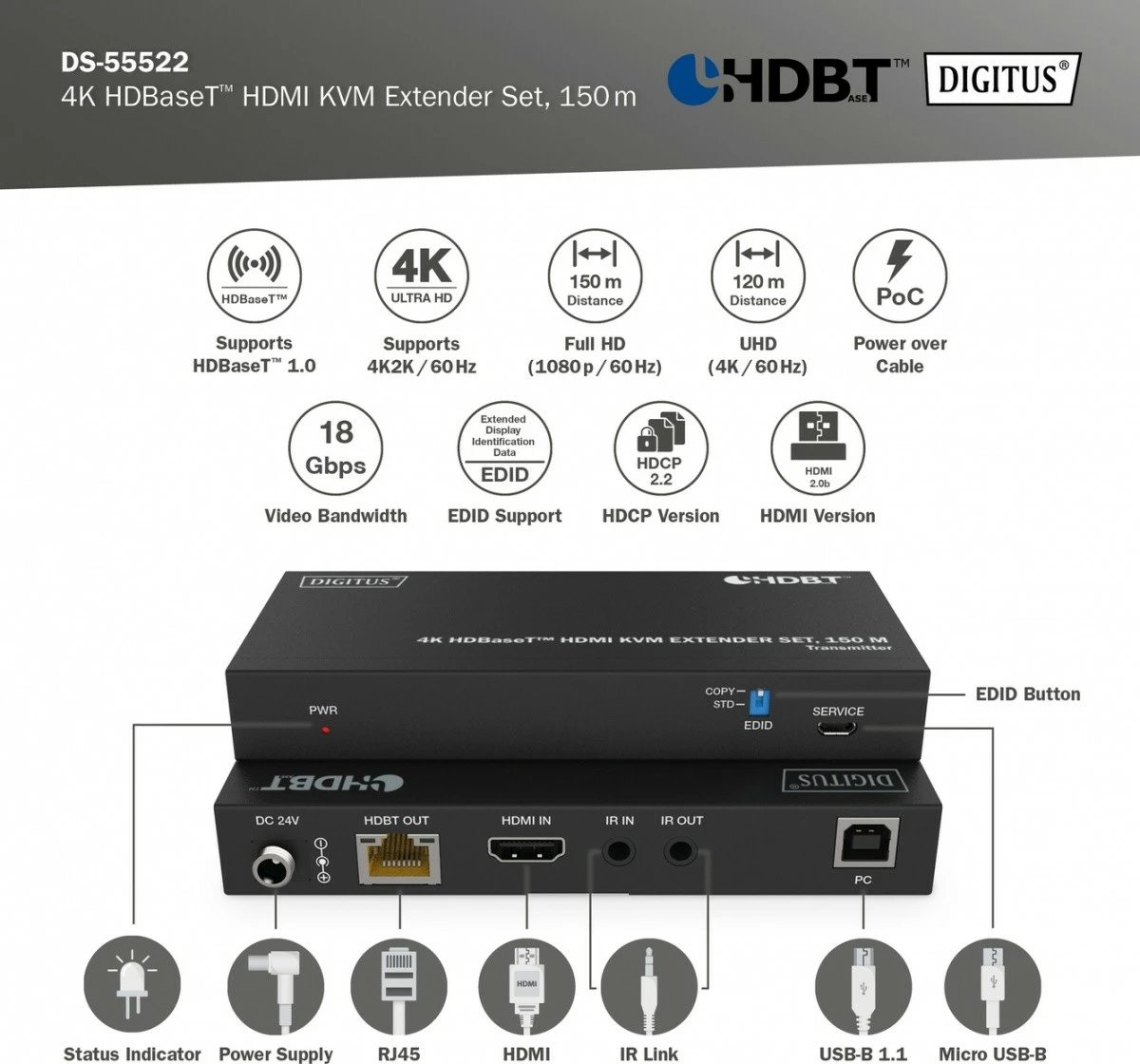 Set zgjatues HDMI Digitus DS-55522, HDBaseT, 4K 60Hz, 150m, me IR, PoC, i zi