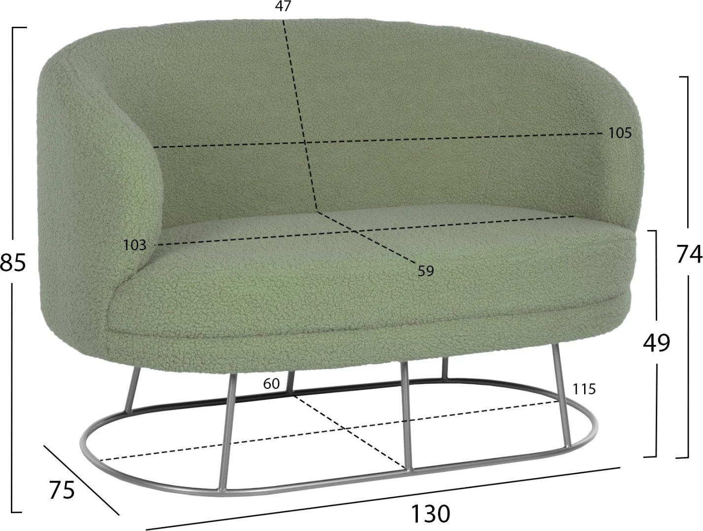 Divan 2-vendësh ARIEN FH8492.27, ngjyrë fistik, pëlhurë boucle dhe bazë metalike argjendi, 130x75x85 cm