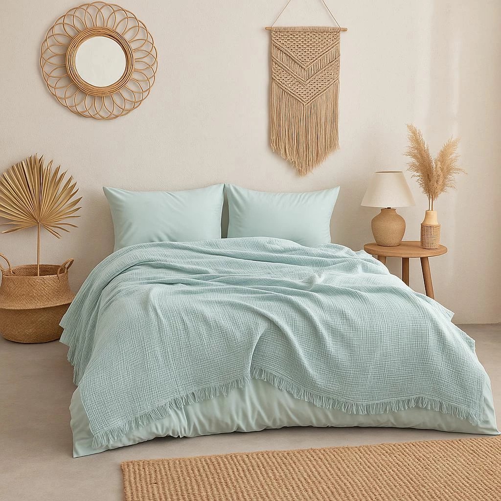 Përparëse dopio për shtrat, muslin pambuku, ngjyrë turquoise, 200x220cm