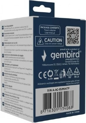 Adapter rryme udhëtimi, Gembird, A-AC-EUMINTF, 15A, prizë BE Schuko, i bardhë