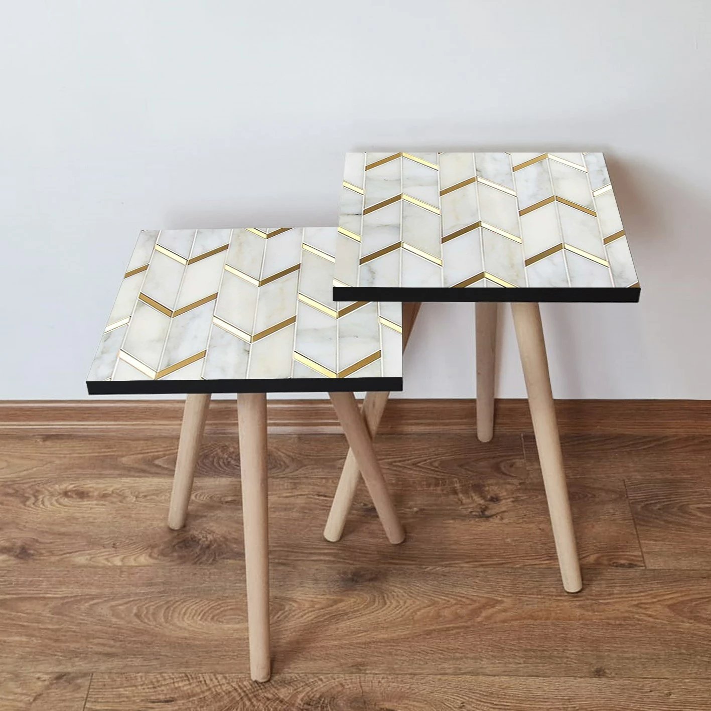 Set tavolinash ndihmëse të mbivendosura, dy copë, ngjyrë e bardhë dhe ari, Skye Decor, 2Shp273