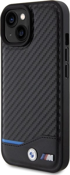 Mbështjellës BMW Leather Carbon për iPhone 15, i zi