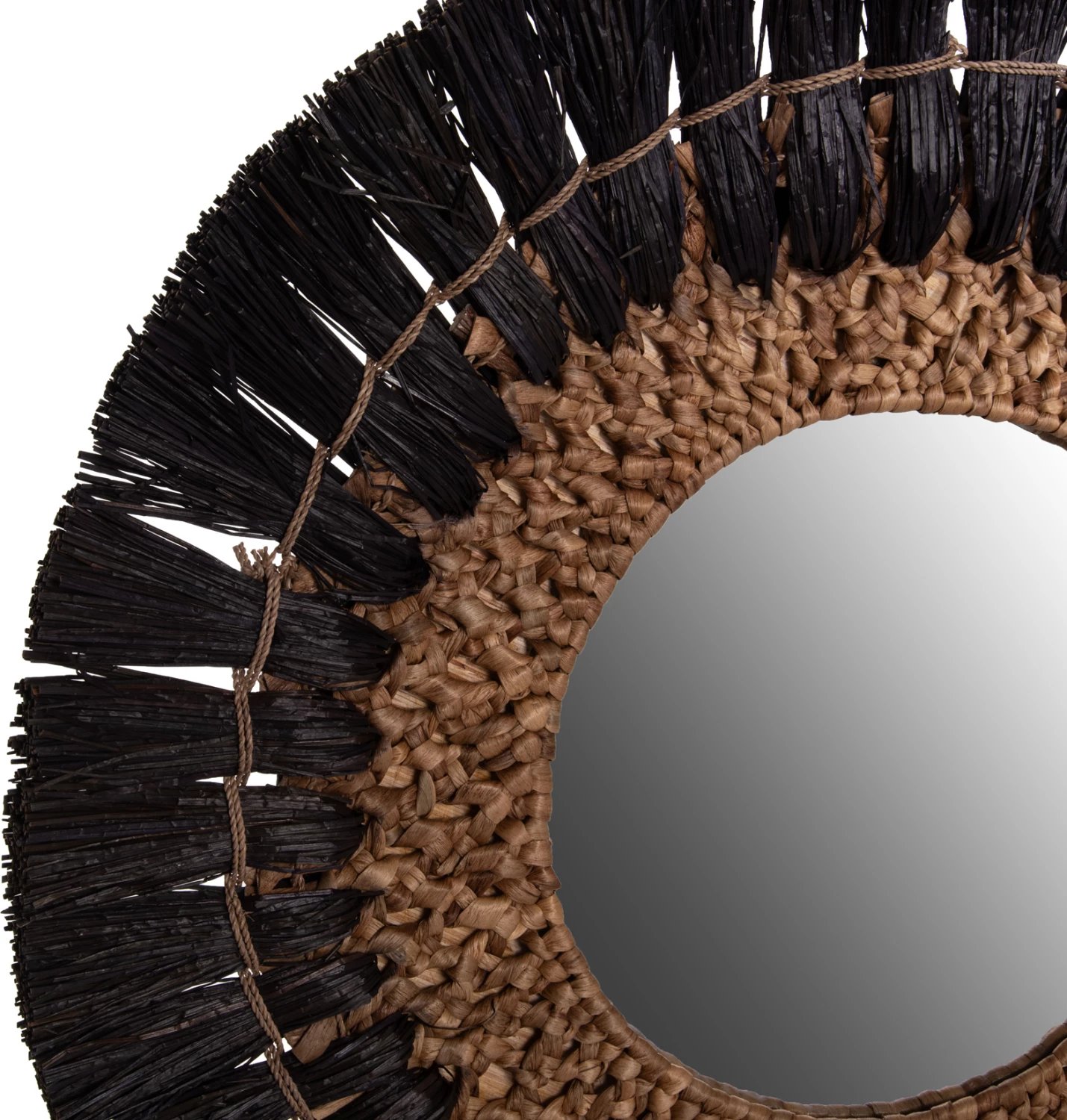 Pasqyrë e rrumbullakët për mur, FH7832, kornizë bari Mendong, ngjyrë e zezë dhe natyrale, Φ70cm