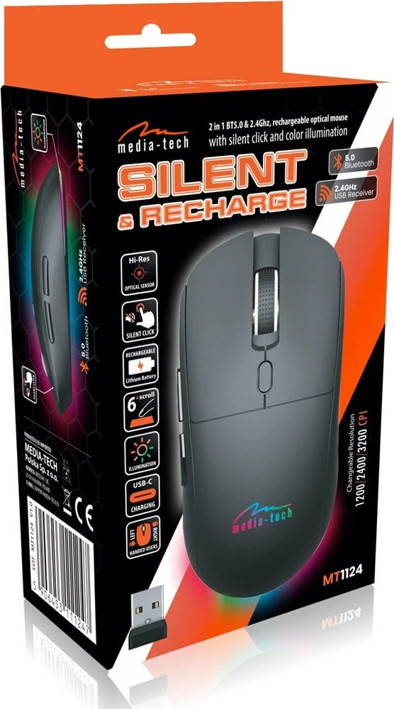 Maus wireless 2-në-1 Media tech MT1124, 3200 DPI, 6 butona, i zi
