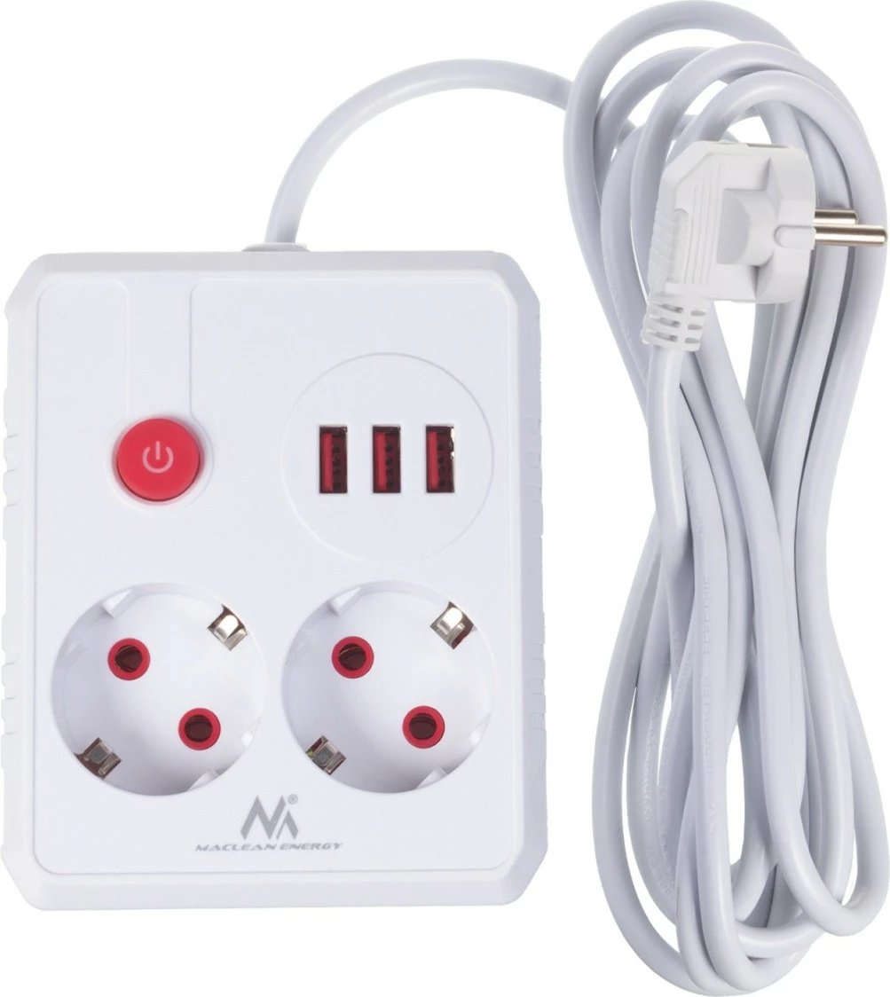 Zgjatues elektrik, Maclean MCE388 W, 2 priza Schuko, 3xUSB 2.1A, 2500W, 110-240V AC, kabllo 3m, i bardhë
