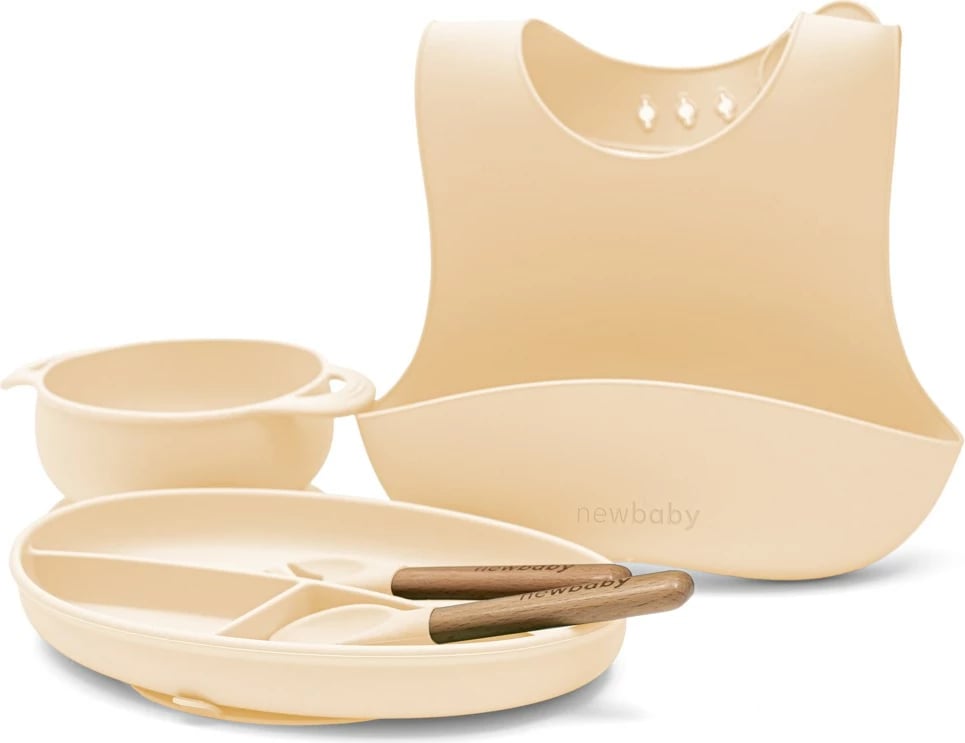 set ushqyerje silikon për fëmijë, New Baby, pjatë 3-ndarje me thithëse, tas me doreza e thithëse, lugë e pirun me doreza druri, përparëse me xhep, bezhë