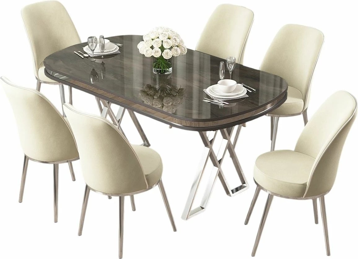 Tavolinë me karrige (7 copë), Skye Decor, ngjyrë antracit, krom, krem