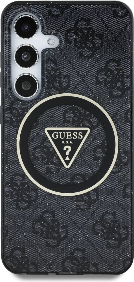 Mbështjellës Guess 4G Glitter Triangle Buttons MagSafe për Samsung Galaxy S25, i zi Mbështjellës Guess 4G Glitter Triangle Buttons MagSafe për Samsung Galaxy S25, i zi