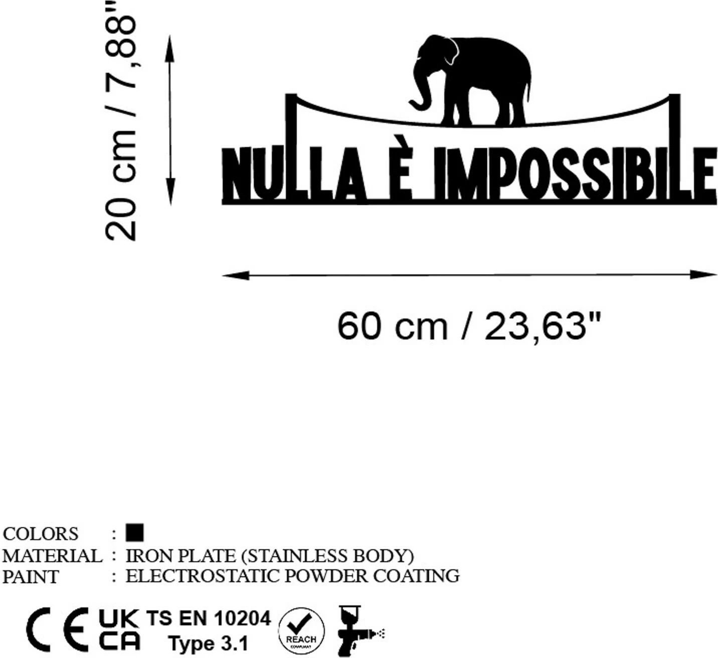 Aksesor dekorativ metalik për mur, Nulla è Impossible 1, ngjyrë e zezë, 60x20cm