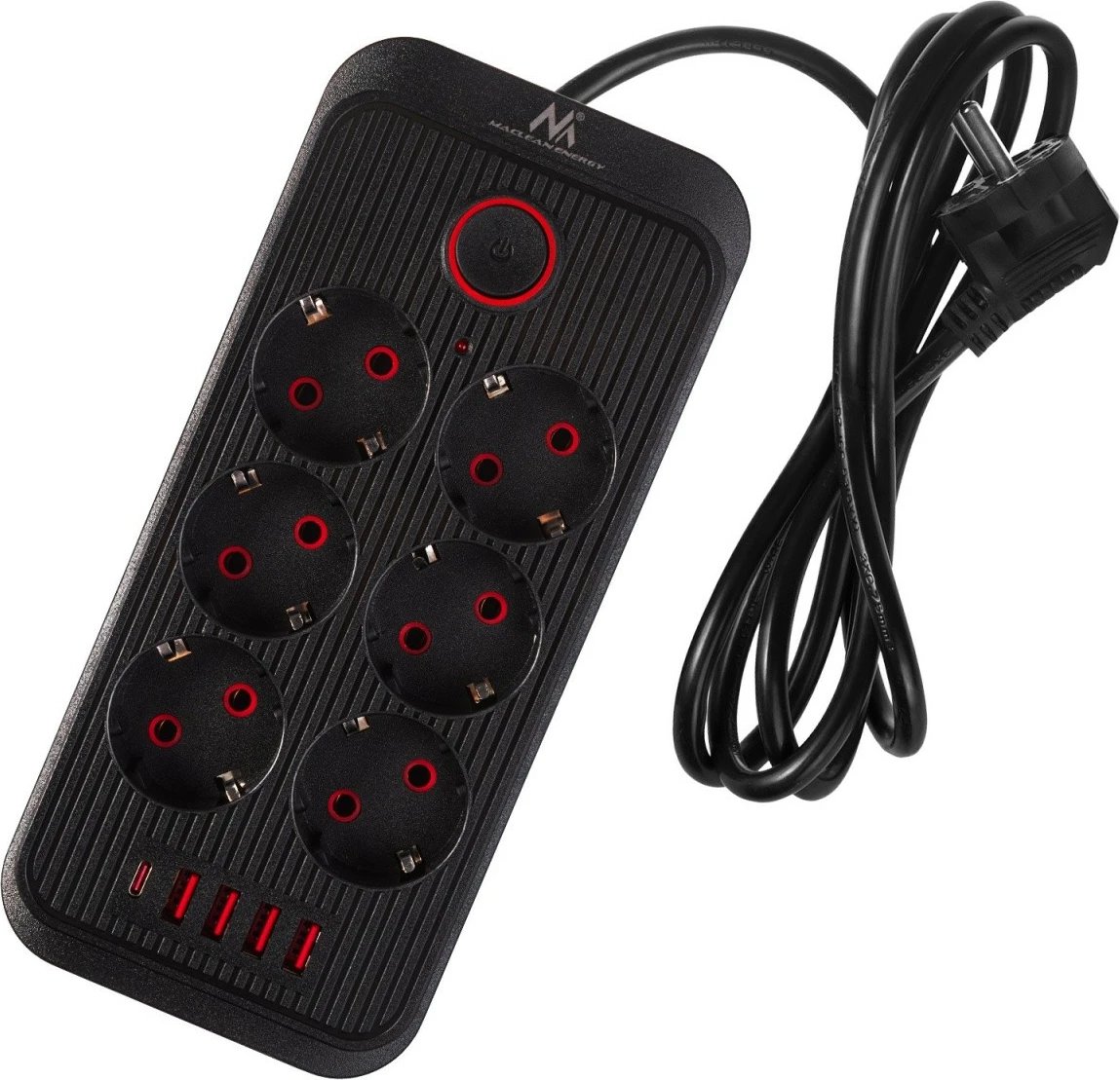 Zgjatues elektrik, Maclean MCE389 B, 6 dalje Schuko, 4x USB-A + 1x USB-C, 2500W, kabllo 1.5 m, me ndërprerës, e zezë