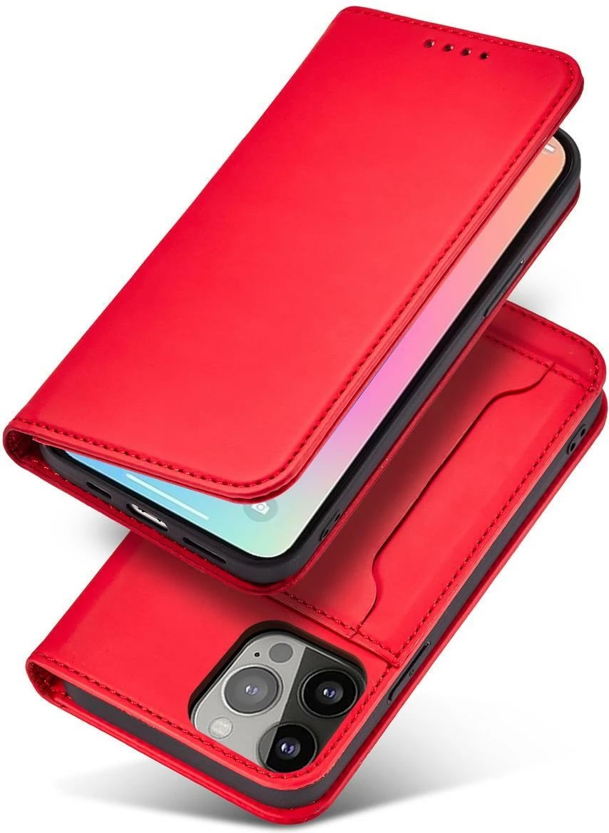 Mbështjellës magnetik Hurtel për iPhone 13 Pro Max, me kapak, xhep për karta, i kuq