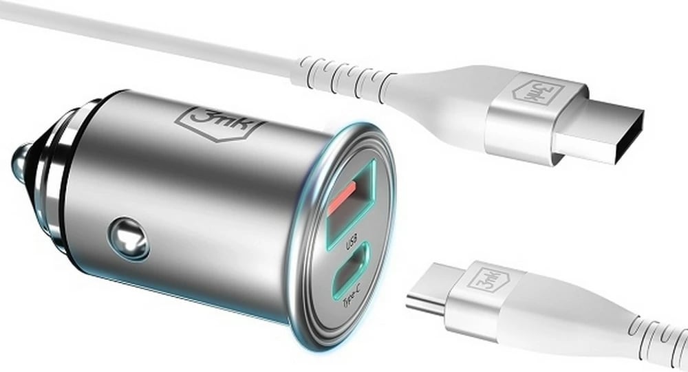 Karikues veture 3MK Hyper Car Charger 30W, 1x USB-C + 1x USB-A, Argjend