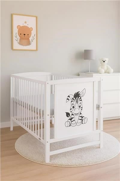 Krevat bebe, New Baby, BEA Zebra, 120x60 cm, 3 nivele lartësie, 3 shufra të heqshme, dru pishe, i bardhë