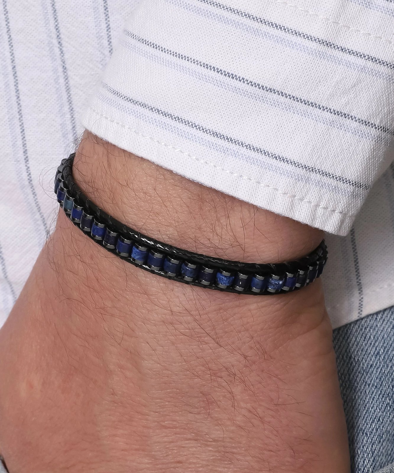 Byzylyk Jumeon, gurë navy lapis dhe hematit, lëkurë, ngjyrë blu e errët, YRABL2059, 17cm