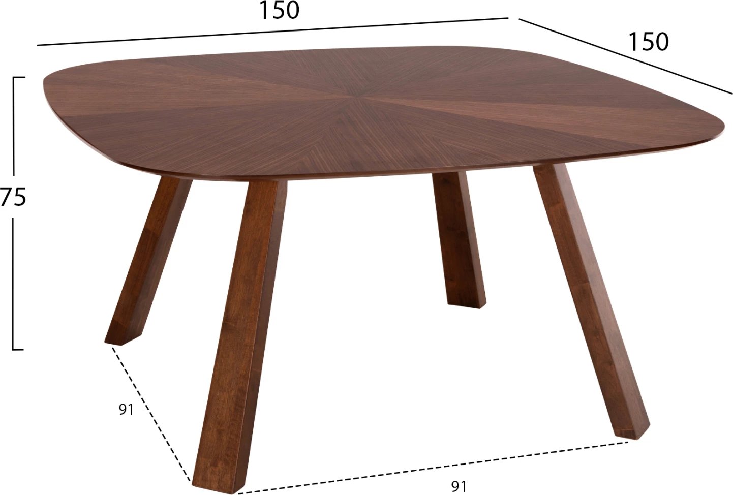 Tavolinë ngrënieje RINER, MDF, sunburst, ngjyrë arre, 150x150x75H cm