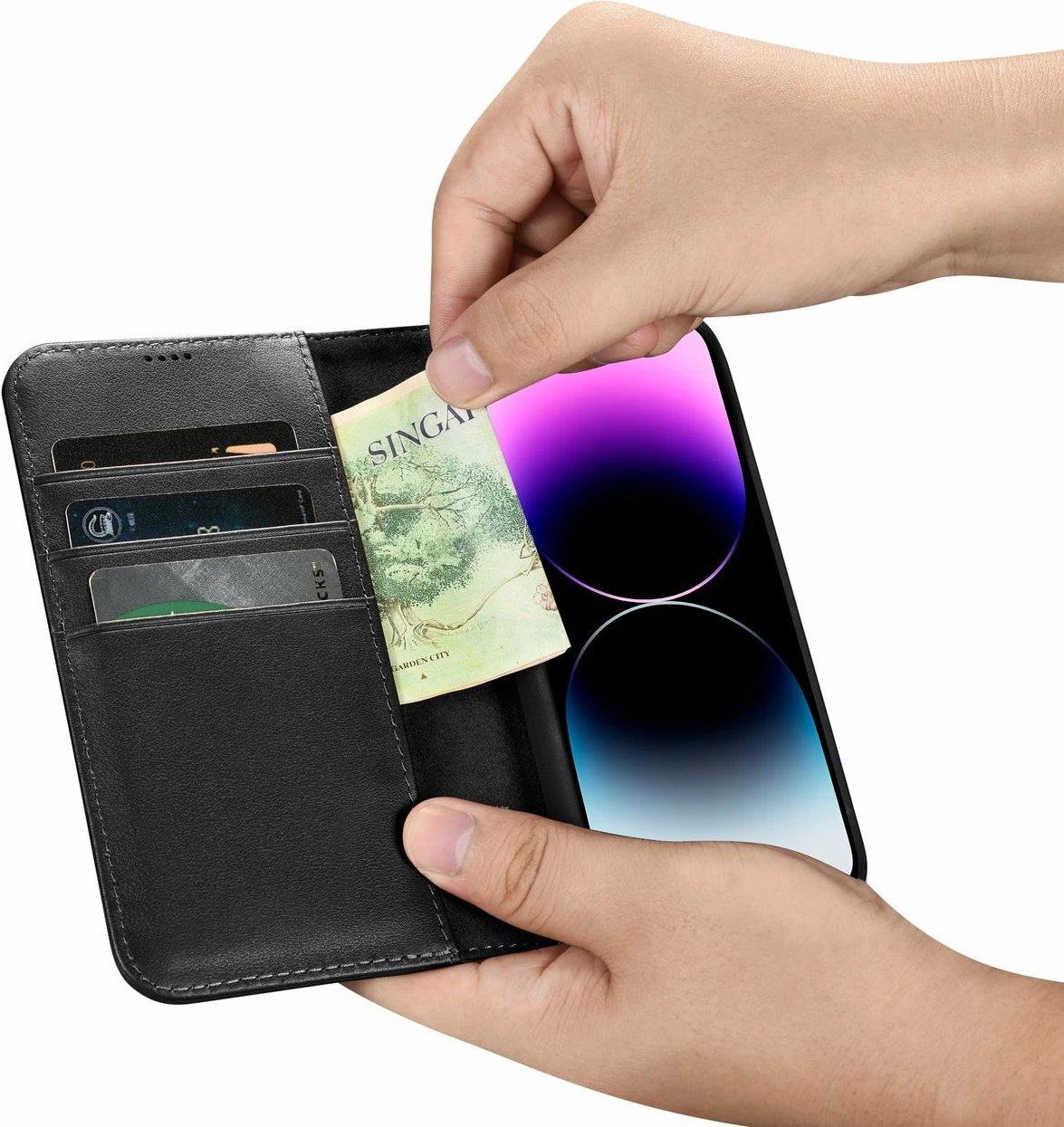 Mbështjellës iCarer Wallet Case 2in1 për iPhone 14 Pro, lëkurë natyrale, Anti-RFID, e zezë