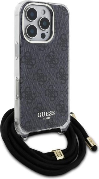 Mbështjellës Guess Crossbody Cord 4G Print për iPhone 16 Pro, i zi
