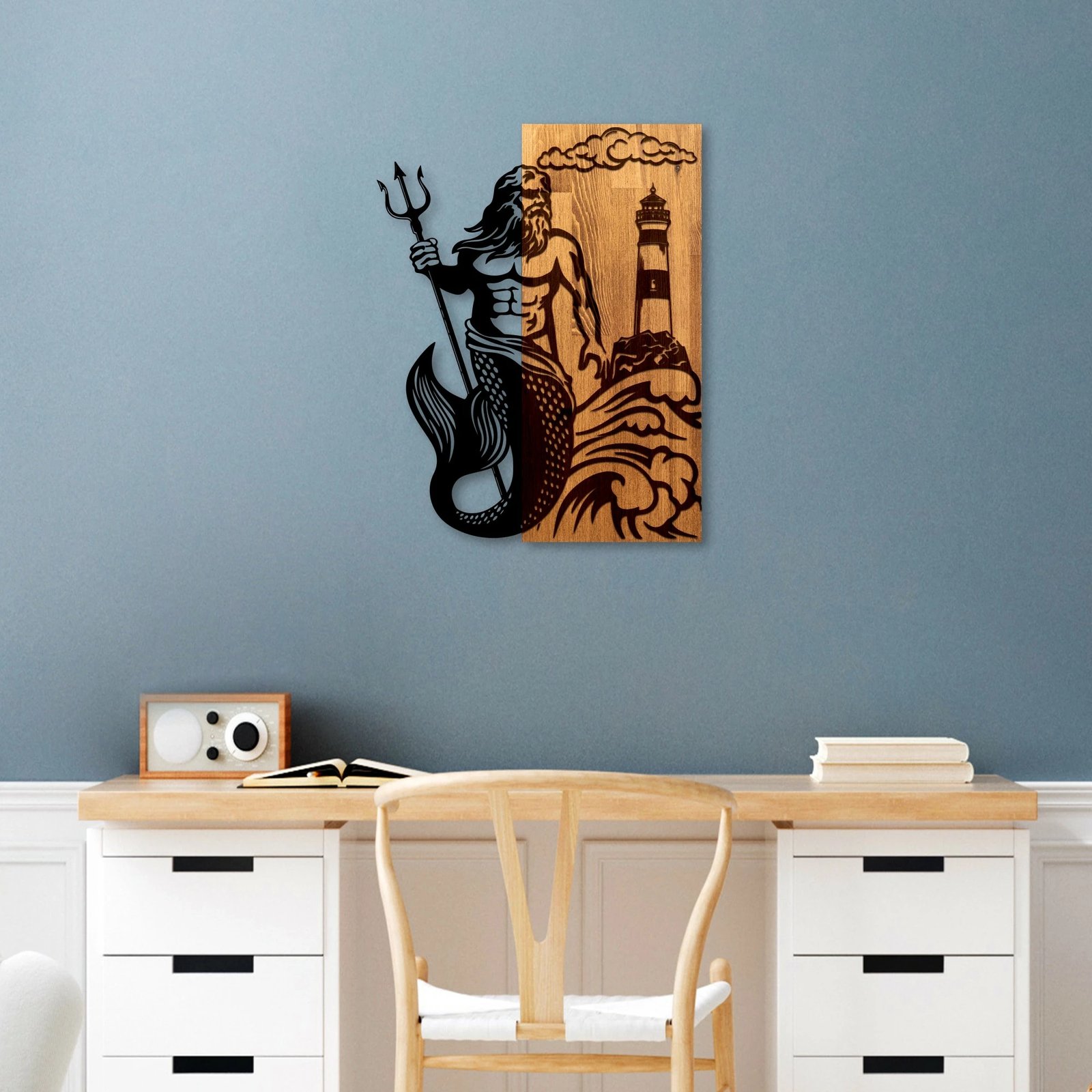 Aksesor muri dekorativ prej druri, Wallity, Poseidon, ngjyrë arre dhe e zezë, 45x58x3cm