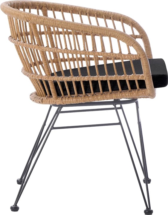 Karrige Naoki me jastëk pe rattan, ngjyrë natyrale, këmbë metalike të zeza, 63x61x79cm