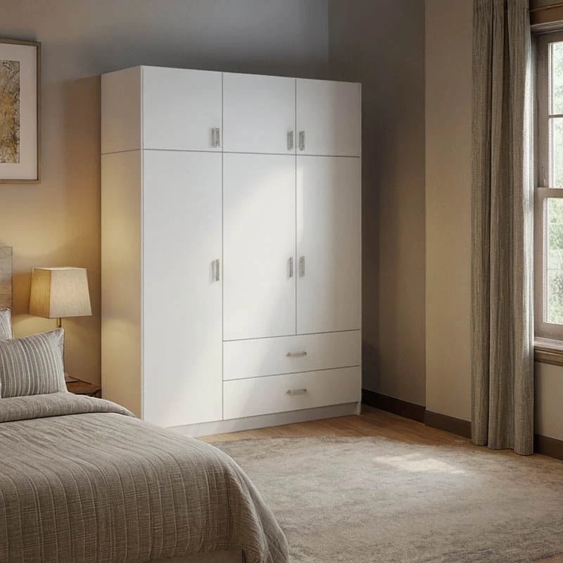 Dollap treshe me sirtarë e pjesë sipër, ngjyrë e bardhë, 150x58x230cm