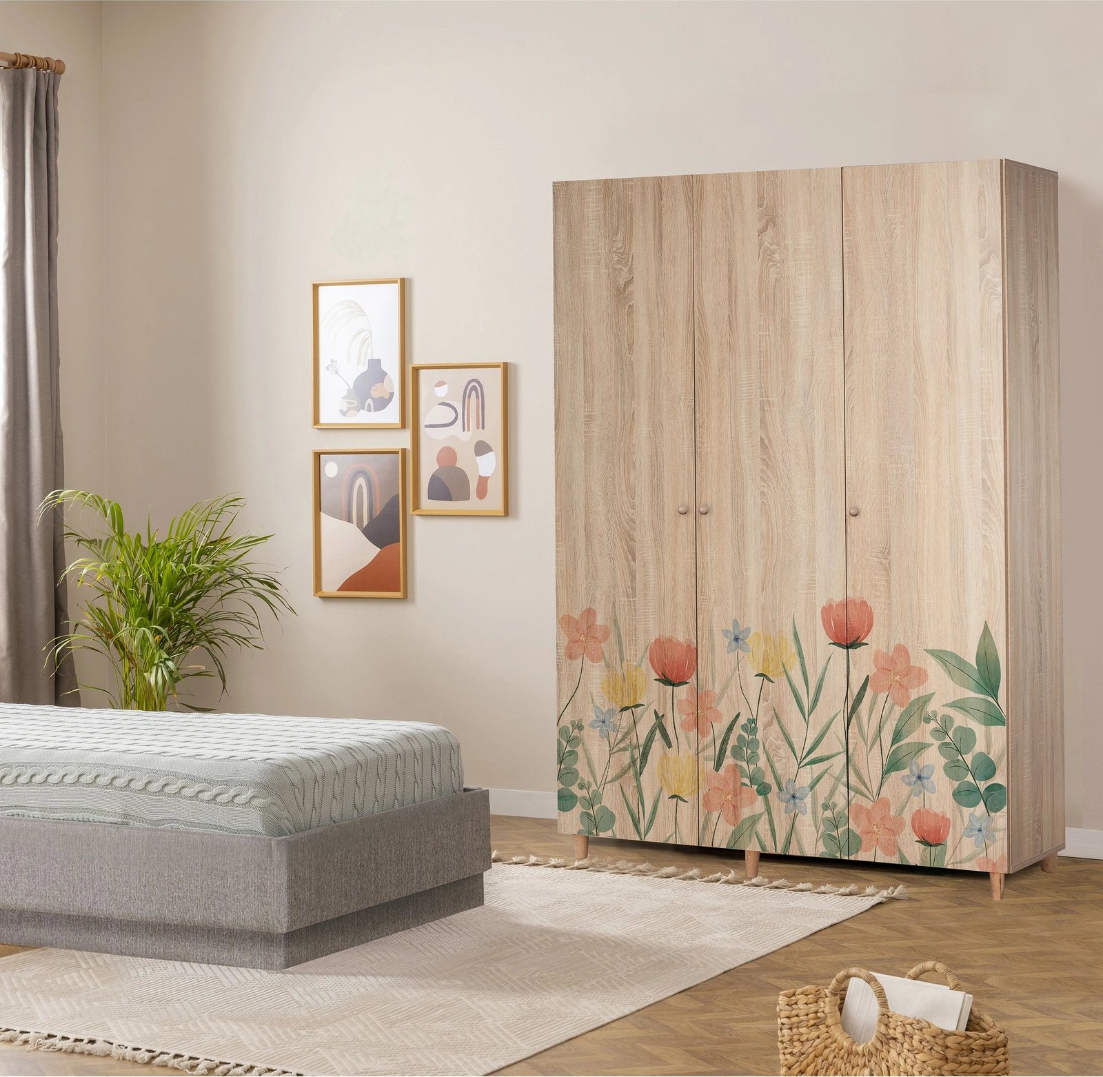 Dollap Lena 3, dekor Skye, ngjyrë sonomo, 135x192x52cm, me lule, 5 pjesë