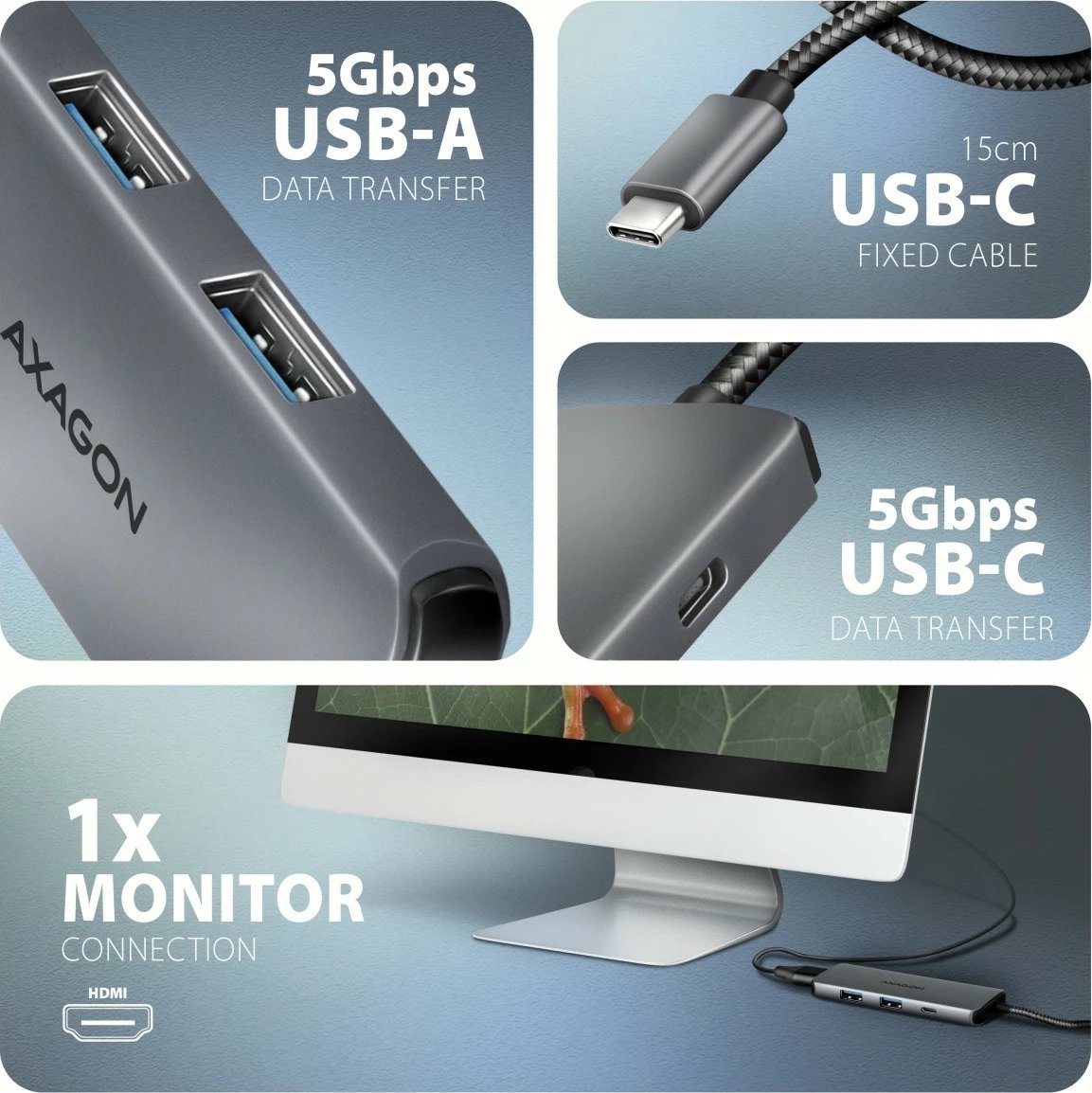 Kasë portesh AXAGON HMC-5H8K, 5in1, 5Gbps, 2x USB-A, 1x USB-C, HDMI 8K/30Hz, PD 100W, Gri