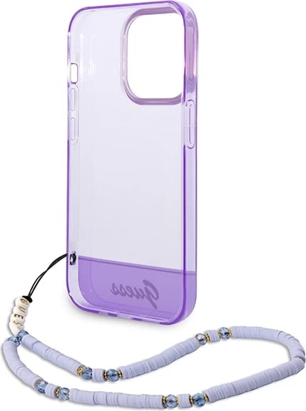Mbështjellës Guess GUHCP14LHGCOHU për iPhone 14 Pro 6.1", Translucent Pearl Strap, vjollcë