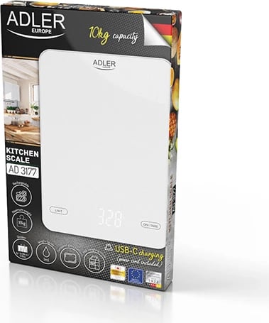 Peshore kuzhine, Adler, AD 3177, kapacitet 10kg, USB Type-C e rikarikueshme, platformë xhami 16x22cm, e bardhë