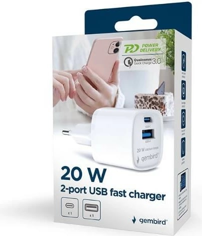 Karikues muri Gembird TA-UC-PDQC20-W-01, 20W, 2 porta USB, Bardhë