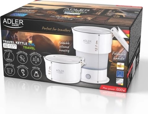 Çajnik elektrik udhëtimi silikon i palosshëm, Adler AD 1377, 0.6 L 600 W, me çantë, i bardhë