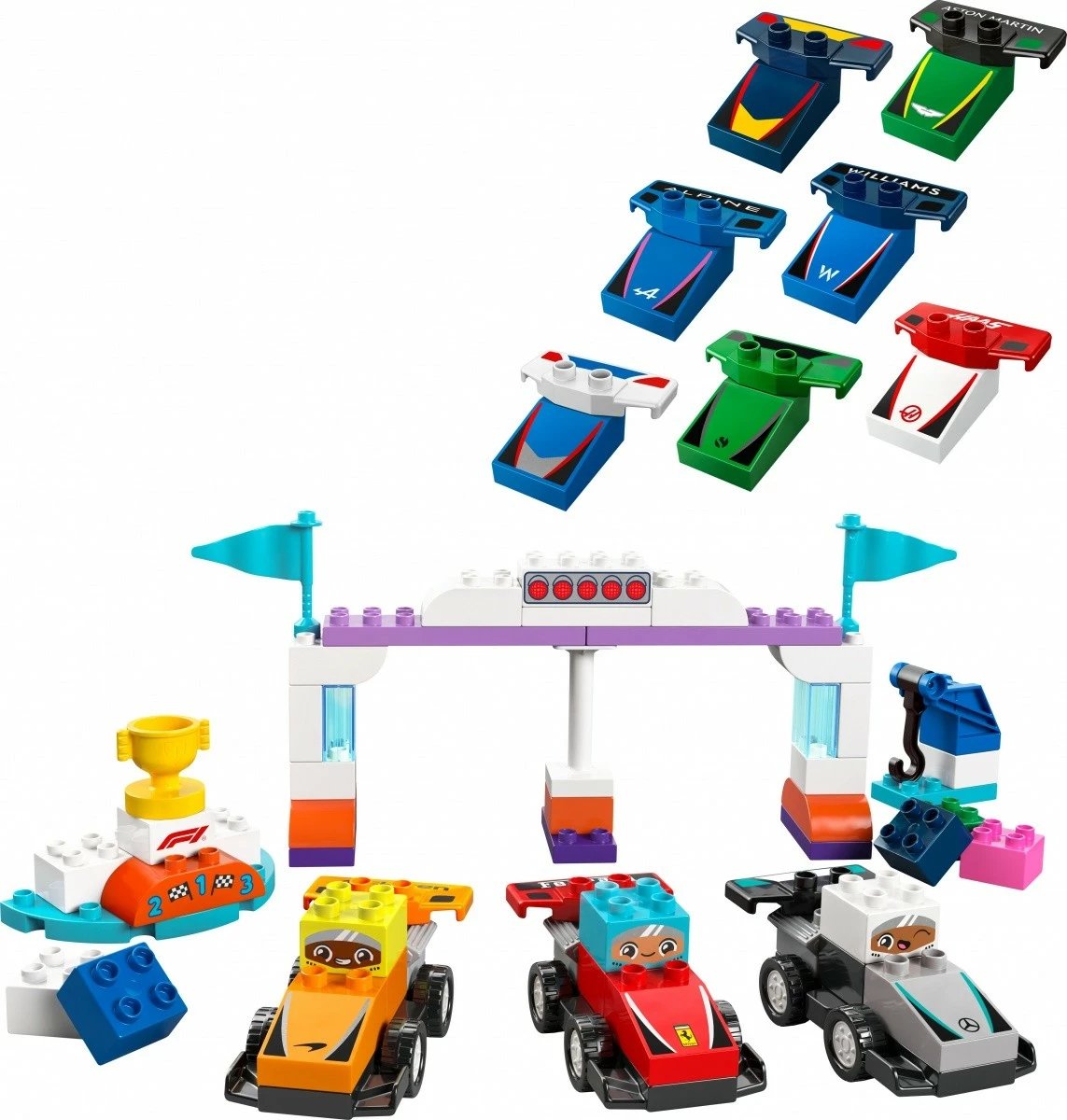 Set lodrash LEGO DUPLO Formula 1 Cars and Drivers 10445, 70 pjesë, shumëngjyrëshe