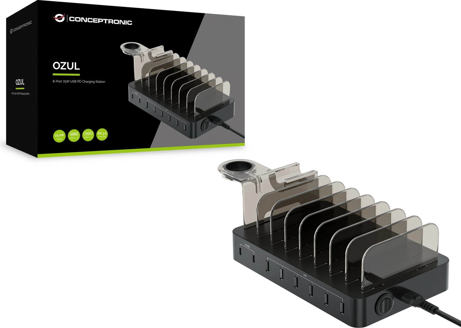 Stacion karikimi Conceptronic 8 porta, 6x USB-A, 2x USB-C, 75W, i zi